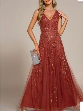 Ever Pretty Rust Embroidered V-Neck Tulle Maxi Dress